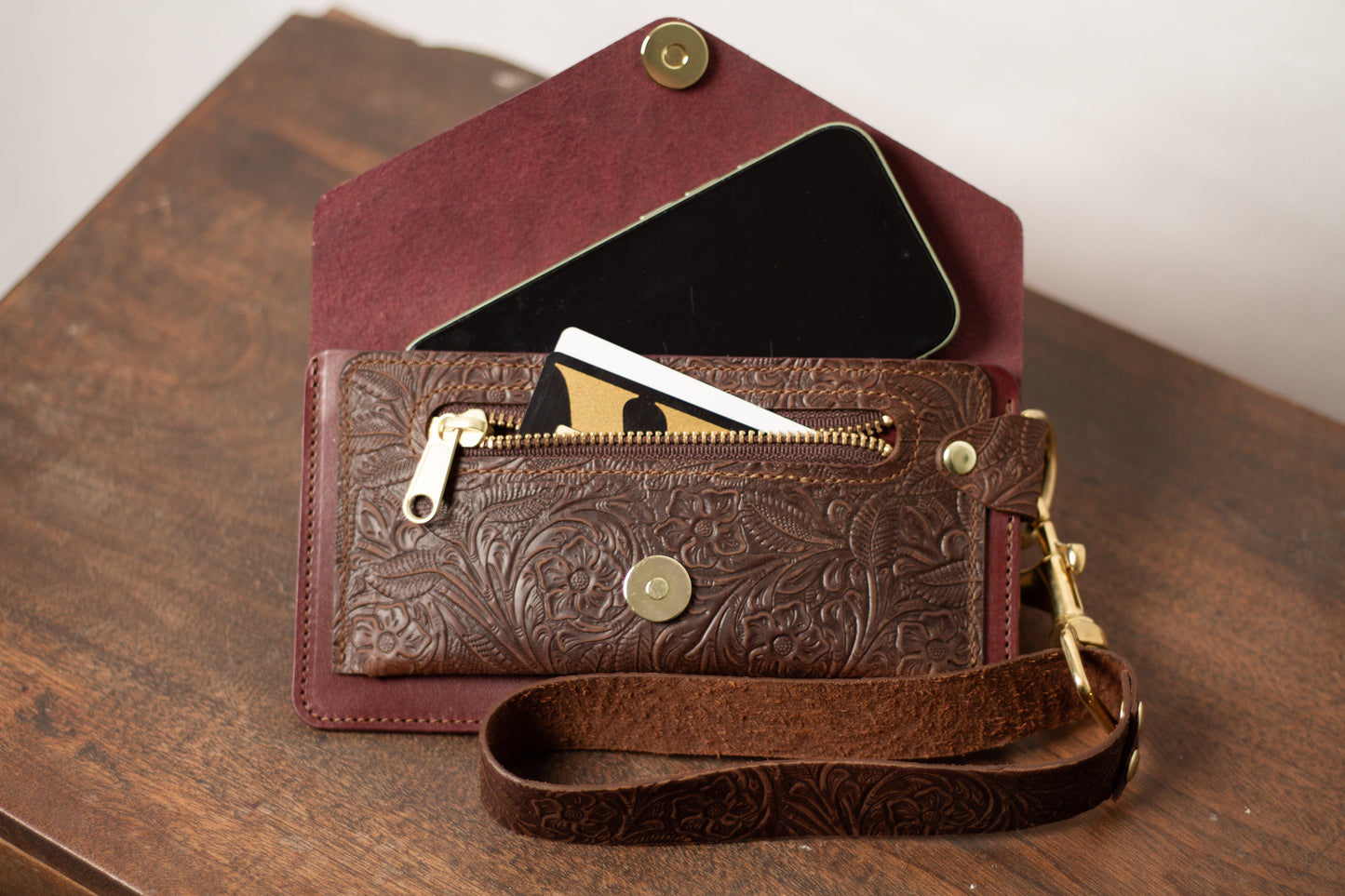Saddle & Roam Burgundy Floral Leather Belt Bag with Wristlet