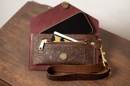 Saddle & Roam Burgundy Floral Leather Belt Bag with Wristlet