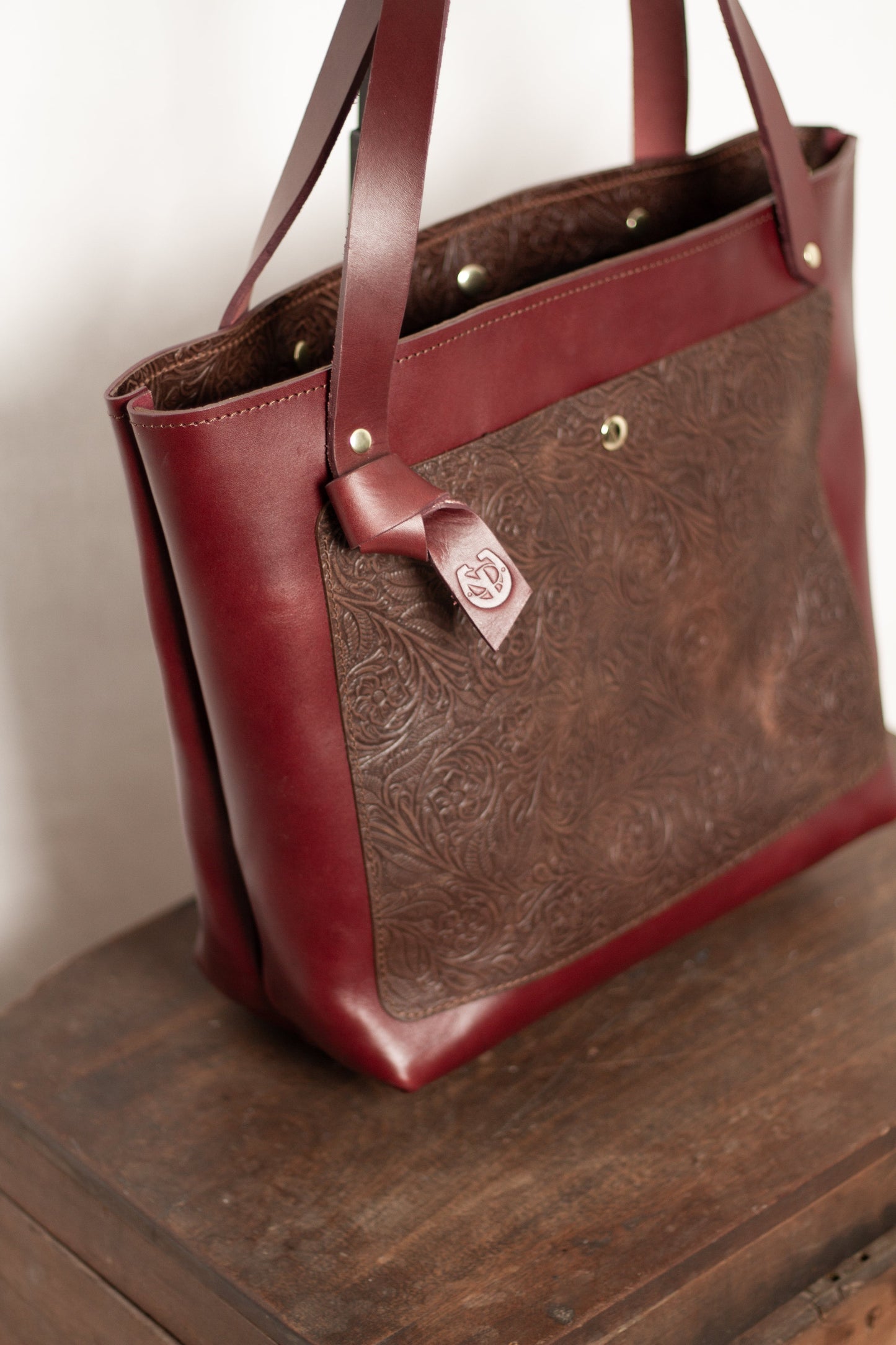 Saddle & Roam Burgundy Floral Leather Tote Bag