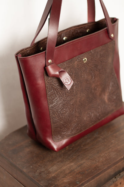 Saddle & Roam Burgundy Floral Leather Tote Bag