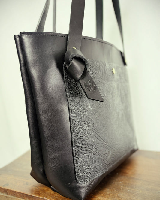 Saddle & Roam Black Floral Leather Tote Bag