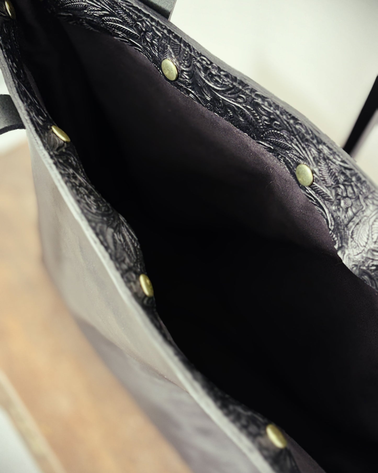 Saddle & Roam Black Floral Leather Tote Bag