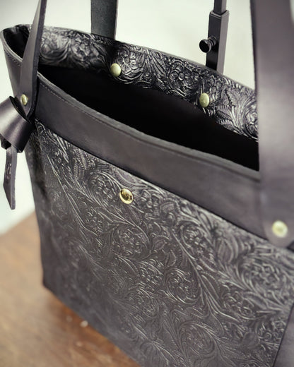 Saddle & Roam Black Floral Leather Tote Bag