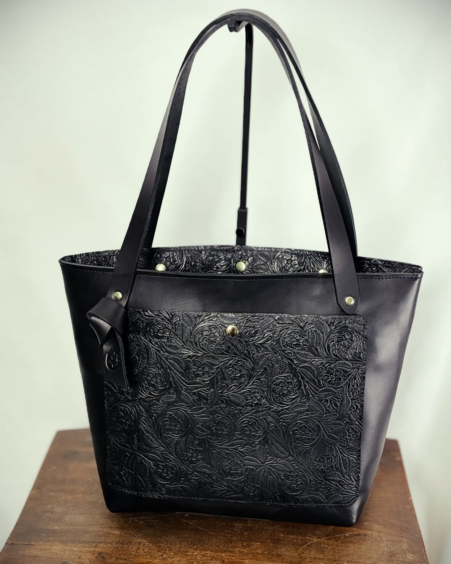 Saddle & Roam Black Floral Leather Tote Bag