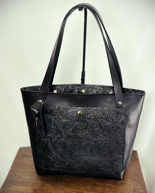 Saddle & Roam Black Floral Leather Tote Bag