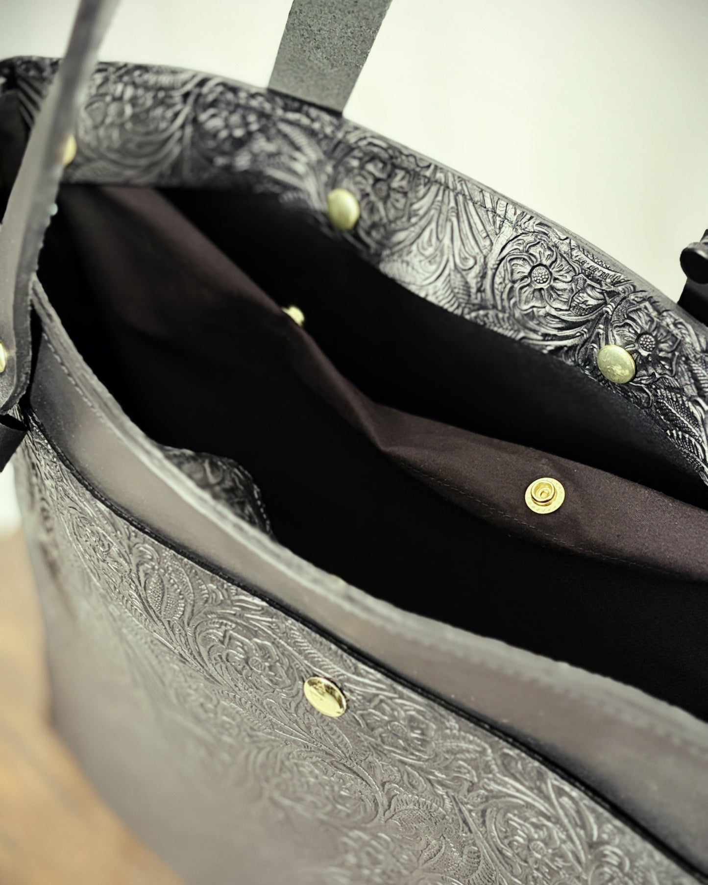 Saddle & Roam Black Floral Leather Tote Bag