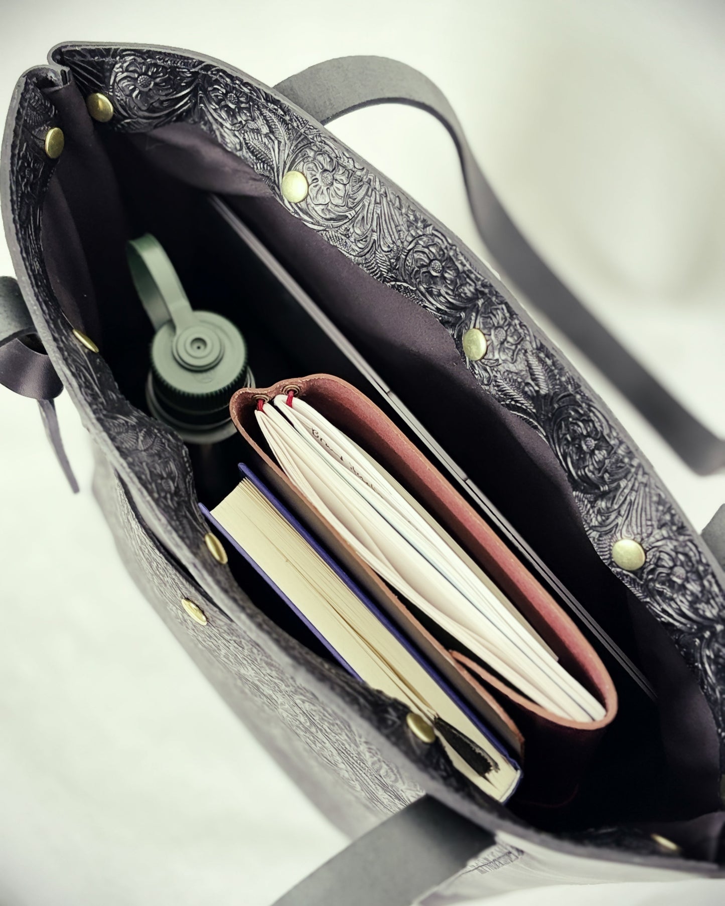 Saddle & Roam Black Floral Leather Tote Bag