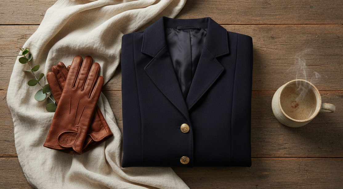 A flat lay on a rustic wood table: leather gloves, a navy riding jacket, a small sprig of greenery, a ceramic mug, soft linen fabric. Minimal, elegant, neutral colours, soft top light, editorial-style